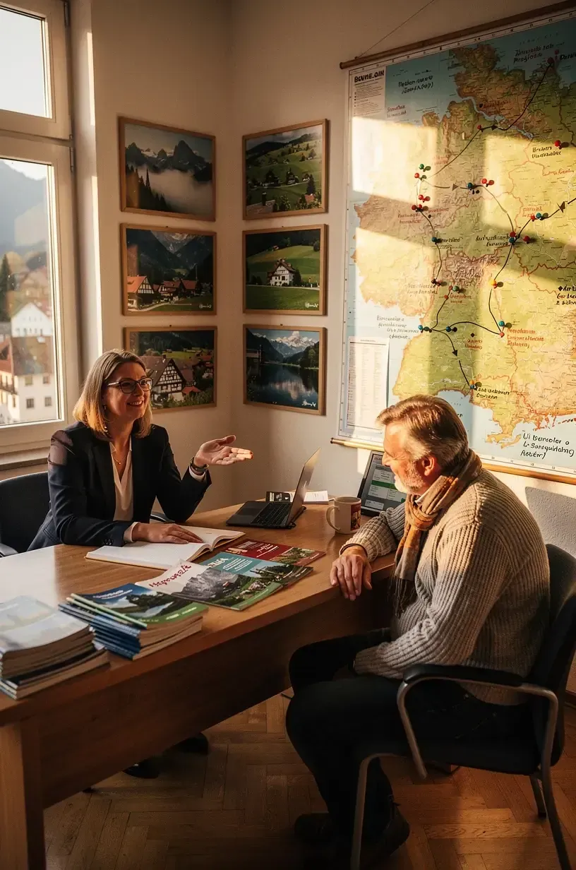 Team von Reiseexperten berät freundlich in einem modernen Büro mit Deutschlandkarten.