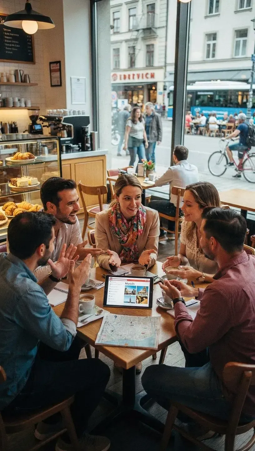 Beratungsgespräch in einem regionalen Reisebüro für individuelle Deutschlandrouten.